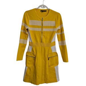 Karen Millen Dress Medium Yellow Sporty Ripple Stitch Colorblock Mini Longsleeve